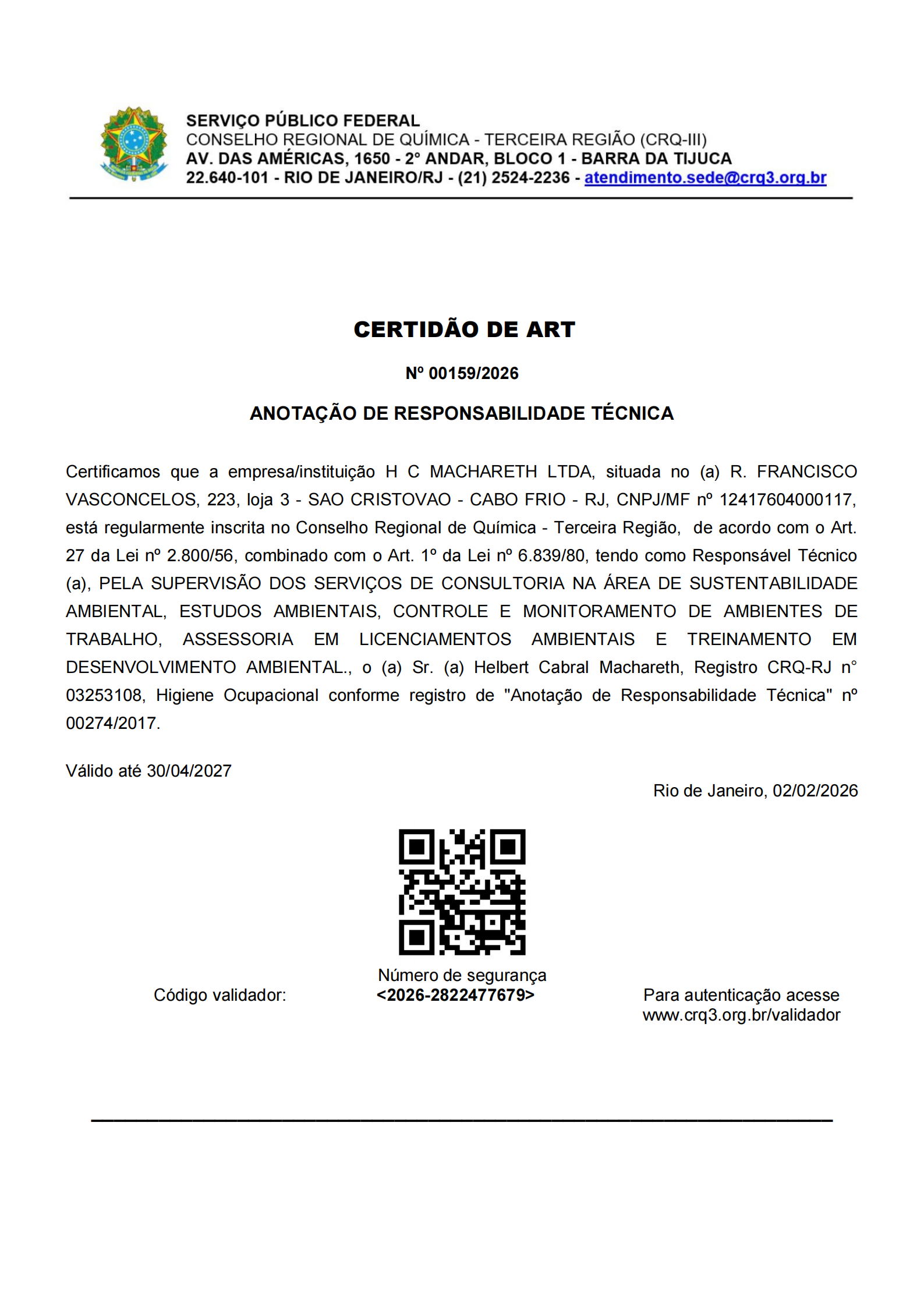 Certdão ART CRQ3 2026 Presst Helbert.png